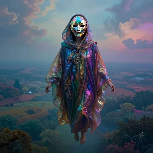 Digital art: Enigmatic figure with glowing mask and iridescent robes floats above a lush, twilight landscape, surrounded by colorful, ethereal lights.