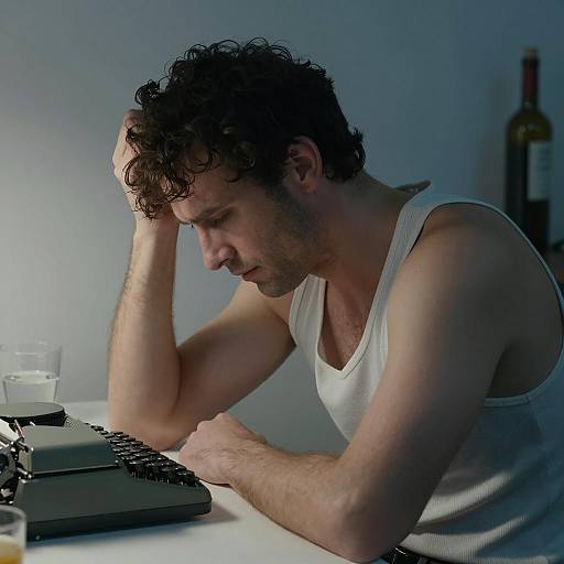 Distressed Man with Typewriter in Blue Room