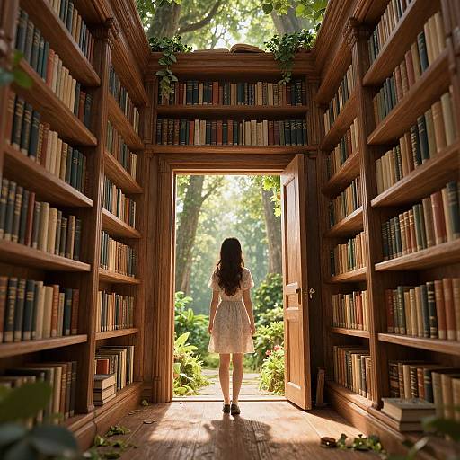 Photograph of a woman in a white dress standing in a sunlit library doorway, surrounded by bookshelves, with lush greenery outside.