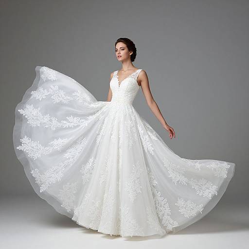 Photograph of a dark-haired woman in a white, sleeveless, lace-embellished wedding gown with a flowing, snowflake-patterned skirt