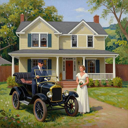 Vintage-style photograph of a bride in white dress, holding bouquet, and groom in suit standing beside black antique car in front of two-story yellow house with