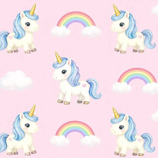 Digital illustration of six white unicorns with blue manes and yellow horns, surrounded by colorful rainbows, on a white background.