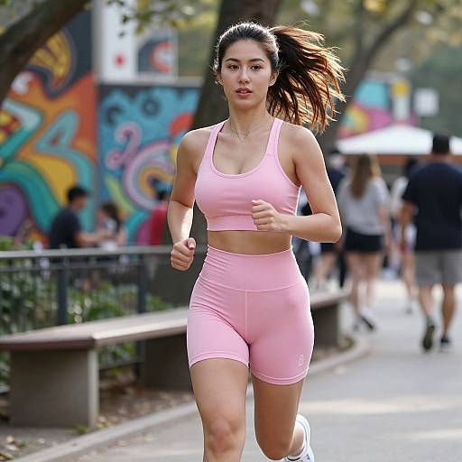 Photograph of an athletic Asian woman with dark hair in a ponytail, wearing pink sports bra and shorts, running on a colorful, graffiti-adorn