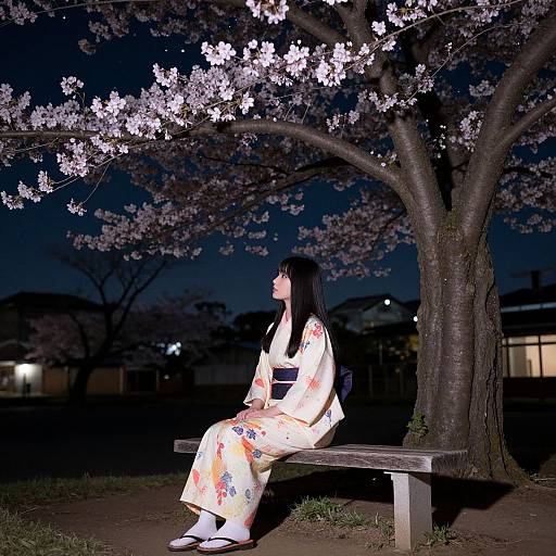 Photograph of an Asian woman with long black hair, wearing a white kimono with colorful floral patterns, sitting on a wooden bench under a blooming