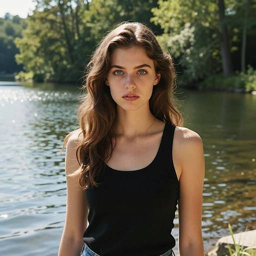 Photograph of a young woman with long brown hair, green eyes, wearing a black tank top, standing by a sunlit, forested lake.