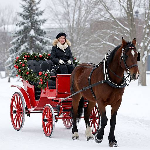 Photograph of a smiling woman in a black coat and hat, driving a red horse-drawn carriage decorated with Christmas greenery and red ornaments, through