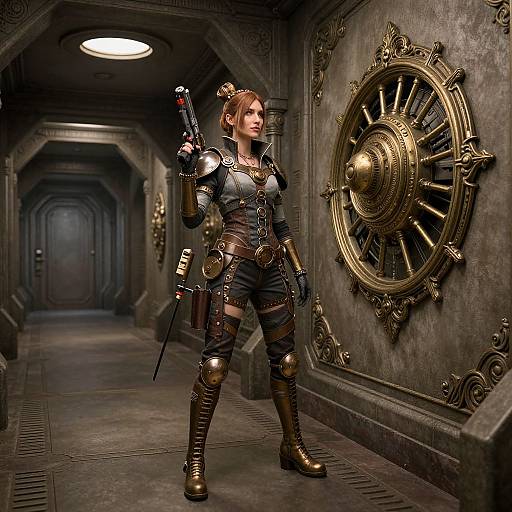 CGI image of a steampunk-style woman with brown hair in a bun, holding a gun, wearing brown leather and metal armor in a dim