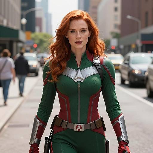 Woman in Green and Red Marvel Superhero Costume on Urban Street