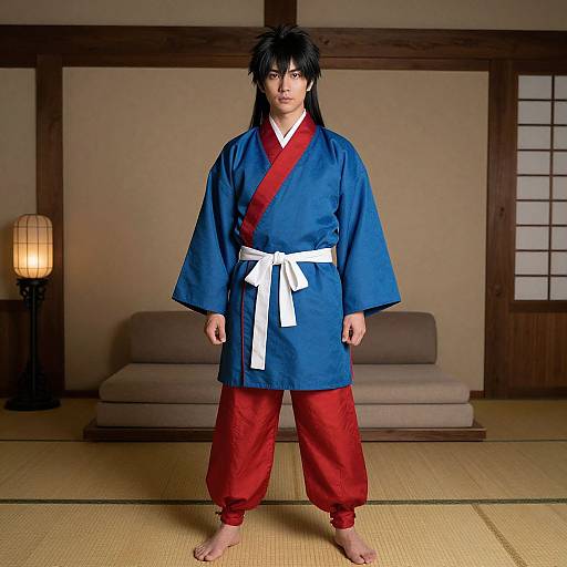 Photograph of an Asian man with black hair, wearing a blue kimono with white bow, red pants, and red sash, standing barefoot