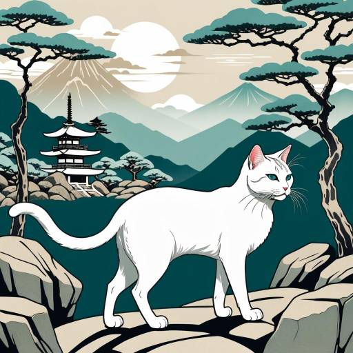 White Cat in Ukiyo-e Style Landscape