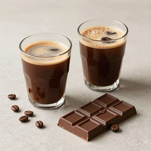 Photograph of two glasses of rich, frothy chocolate coffee, accompanied by a chocolate bar and scattered coffee beans on a white surface.