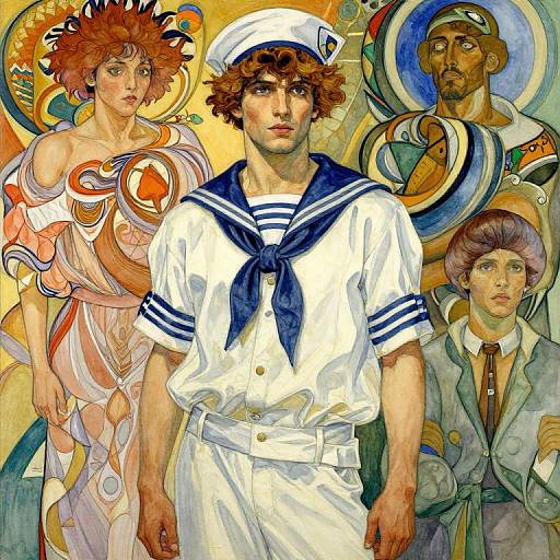 Vividly colored, stylized painting of a curly-haired sailor in white uniform flanked by two figures in ornate, abstract attire. Background features