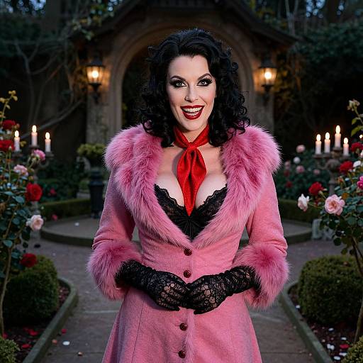 Photograph of a smiling woman with curly black hair, wearing a pink fur coat, black lace gloves, and red scarf, standing in a candlelit