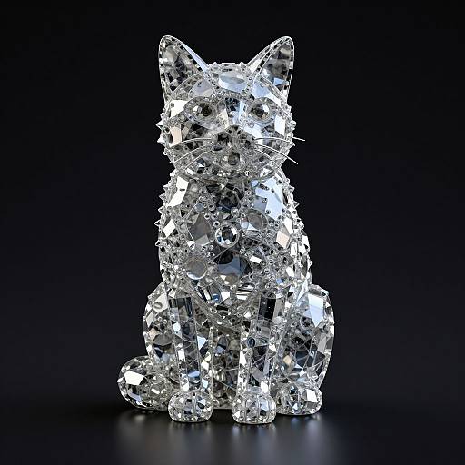 Photograph of a crystal cat sculpture, made from numerous clear, faceted gemstones, sitting on a dark blue background.