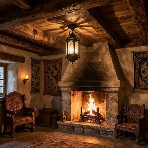 Cozy, rustic fireplace room with wooden beams, ornate chairs, patterned tapestries, lit lantern, and vibrant orange flames. Warm,
