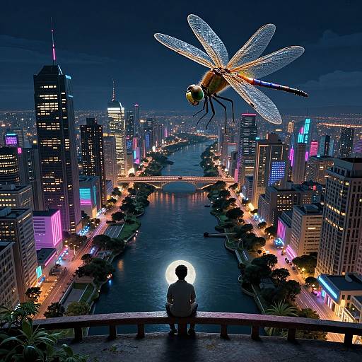 Digital artwork of a cityscape at night, silhouetted person on bench watching giant dragonfly, neon-lit skyscrapers, river,
