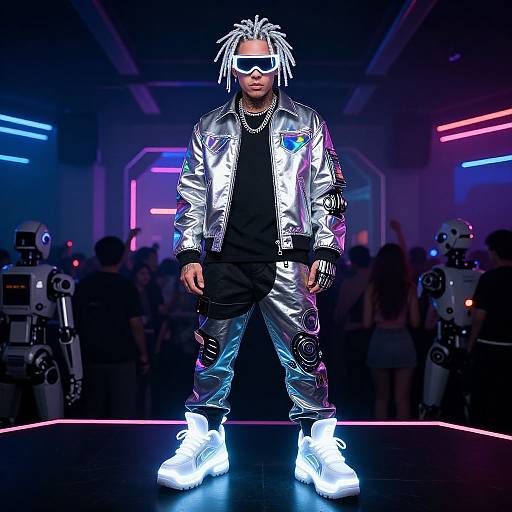 Photograph of a confident man with white dreadlocks, silver reflective jacket, black shirt, and pants, white sneakers, neon-lit futuristic backdrop,