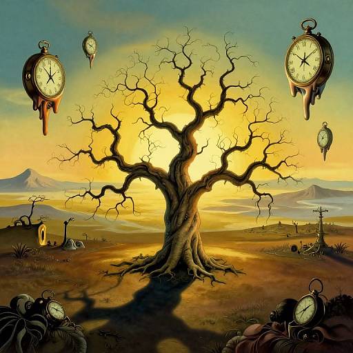 Surreal digital artwork: barren tree with twisted branches, glowing yellow at center, surrounded by floating vintage clocks, desert landscape, mountains in background.