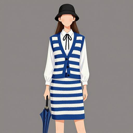 Digital illustration of a faceless woman in a white blouse, blue-and-white striped vest, black hat, holding a blue umbrella. Gray background.