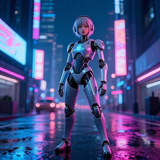 CGI image of a silver robotic woman with white bob haircut standing on a neon-lit, rainy city street at night.