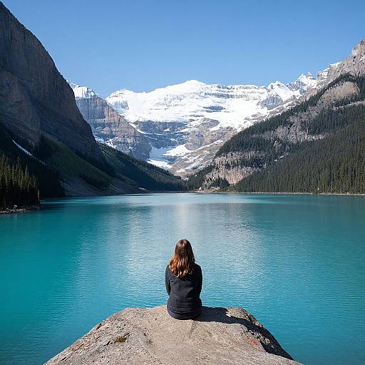 Photograph of a woman with long brown hair, seated on a rock, facing a tranquil turquoise lake with snow-capped mountains under a clear blue sky