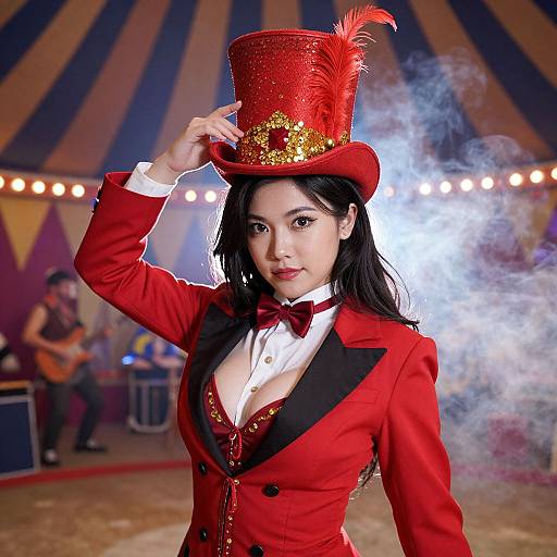 Asian woman in red magician's outfit with sparkly top hat, feather, and bow tie, smoke in background, circus tent setting.