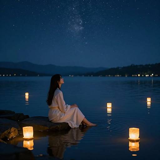 Photograph of a woman with long dark hair, in a white dress, sitting on a rock by a calm lake at night, surrounded by glowing lantern