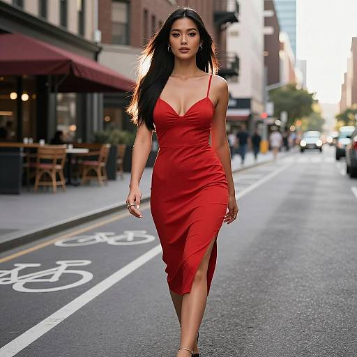 Confident Woman in Red Dress Walking on City Street