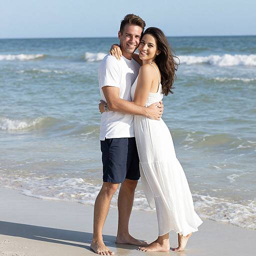 Joyful Couple Embracing on Sunny Beach