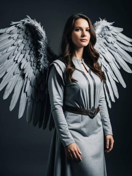 Woman in Grey Angel Wings Costume