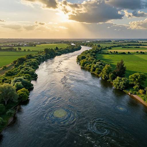 Aerial photograph of a winding river with rippling water, surrounded by lush green fields, and a sunlit, partly cloudy sky.