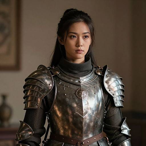 East Asian woman with long black hair in medieval-style silver armor, standing in dimly lit room, serious expression, photograph.