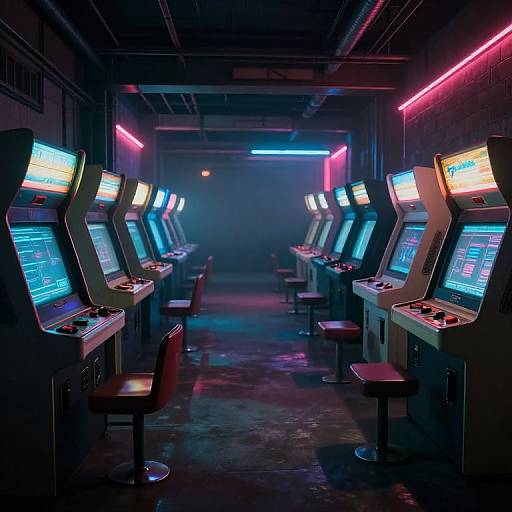Photograph of a dimly lit arcade room with neon pink and blue lights, featuring rows of colorful video game machines and red bar stools.