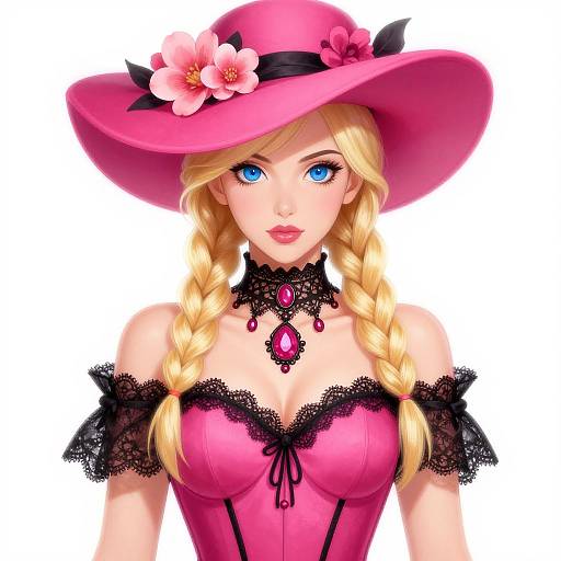 Digital anime-style drawing of a blonde woman with blue eyes, wearing a pink hat with flowers, pink corset with black lace, and a pink gem