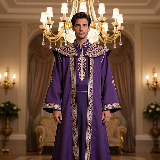 Photograph of a man in a rich purple, ornately embroidered clerical robe, standing in an opulent, chandelier-lit room with elegant