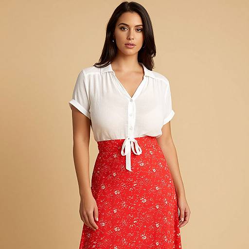 Photograph of a confident woman with dark hair, wearing a white short-sleeve blouse and red floral skirt, standing against a beige background.