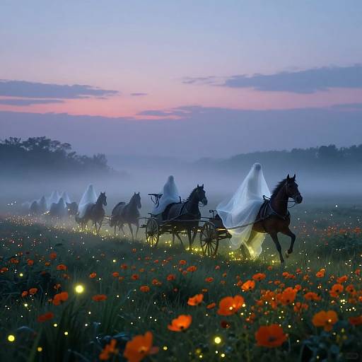 Ethereal Ghostly Riders in Misty Meadow