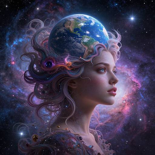 Digital artwork: Ethereal woman with curly, galaxy-hued hair wearing a planet as a headpiece, set against a vibrant, star-filled cosmos.
