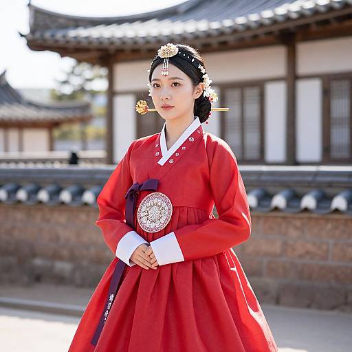 Photograph of a young Asian woman in traditional red Korean hanbok, adorned with floral hairpins and a white embroidery chest piece, standing in front