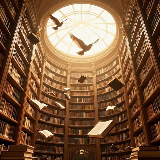 Photograph of a grand, circular library with towering bookshelves, glowing circular skylight, and flying books and birds, creating a magical,
