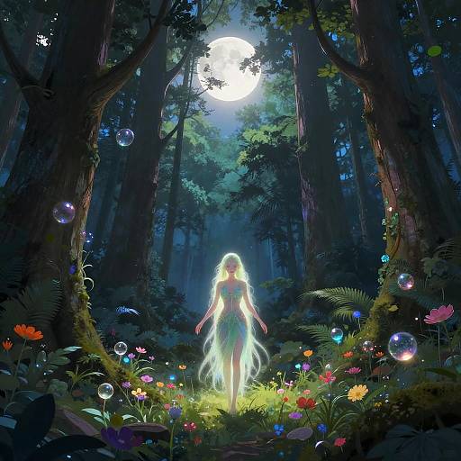 Anime-style digital artwork of a glowing, long-haired girl in a forest, surrounded by colorful flowers, bubbles, and moonlight filtering through tall trees.