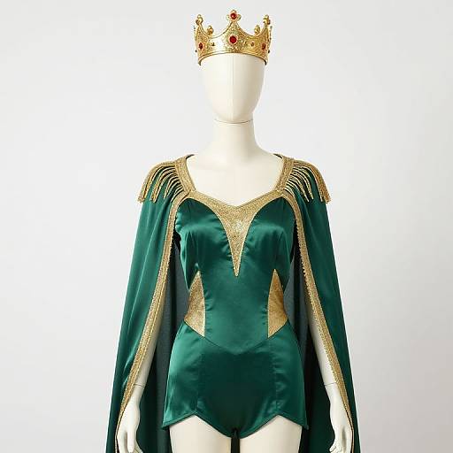 Photograph of a white mannequin wearing a dark green velvet royal costume with gold trim, featuring epaulettes and a gold crown with red