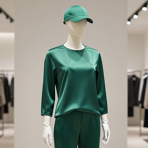 Photograph of a faceless white mannequin wearing a green baseball cap, matching green long-sleeve top, and green pants in a brightly