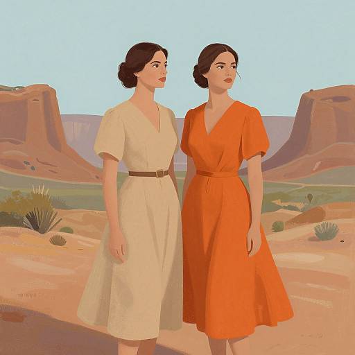 Digital illustration of two women with fair skin and dark hair, wearing white and orange dresses, standing in a desert landscape with red rock formations.