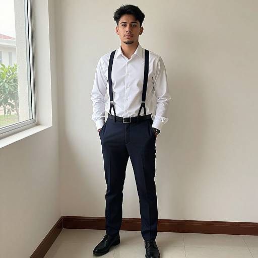 Photograph of a young man with short curly black hair, wearing a white dress shirt, black suspenders, and dark pants, standing confidently in a