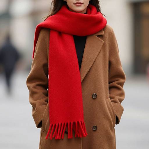 Photograph of a woman in a brown coat with hands in pockets, wearing a bright red scarf, standing in a blurred urban street.
