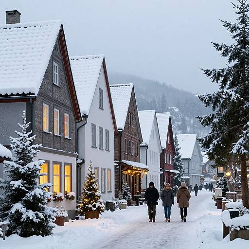 Photograph of a snowy, quaint European village street with wooden houses, warmly lit windows, snow-covered trees, and people walking in winter coats.