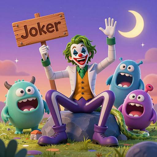 Whimsical Joker Figure with Colorful Monsters