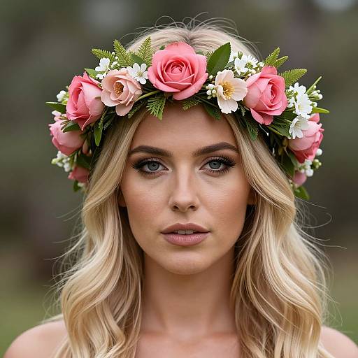 Photograph of a blonde woman with wavy hair, wearing a pink and white flower crown, against a blurred green background.