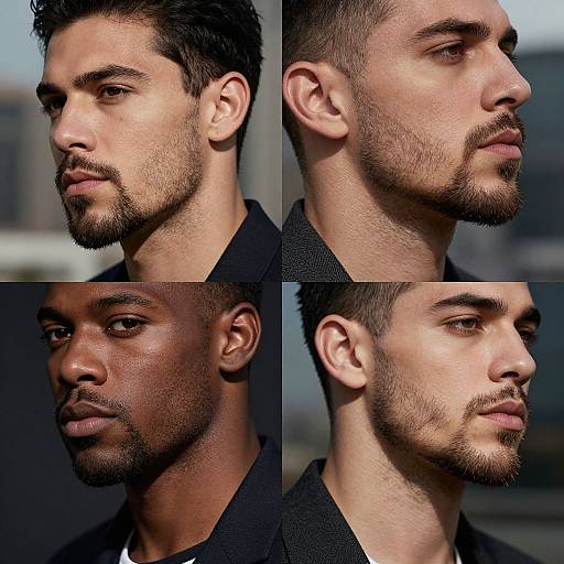 Photograph collage of four close-up profiles of a handsome, bearded man with short dark hair and stubble, wearing a black jacket, against a